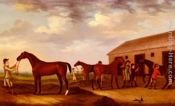 Four Racehorses Outside The Rubbing Down House, Newmarket painting - Francis Sartorius Four Racehorses Outside The Rubbing Down House, Newmarket art painting